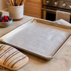 Mit Backpapier belegtes Blech bereit für Scone-Teig