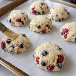 Rohe Scone-Häufchen mit Sahne bestrichen und grobem Zucker bestreut