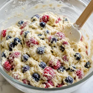 Dicker, unregelmäßiger Beeren-Scone-Teig wird mit einem Schaber gefaltet