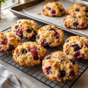 Warme Beeren-Scones kühlen auf einem Kuchengitter ab