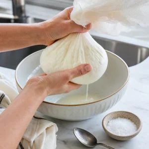 Cheesecloth bundle gently squeezed over a bowl with sea salt nearby