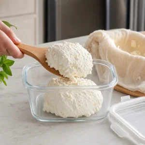 Fresh farmers cheese removed from cheesecloth and placed in an airtight glass container
