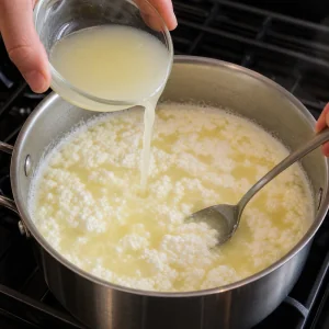 Lemon juice stirred into hot milk as white curds separate from yellow whey