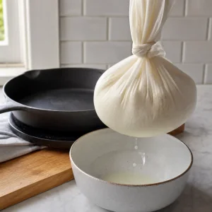 Tied cheesecloth bundle draining over a bowl with a cast iron skillet nearby for pressing