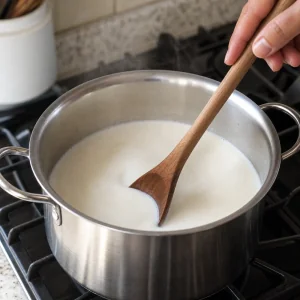 Whole milk warming slowly while being stirred with a wooden spoon