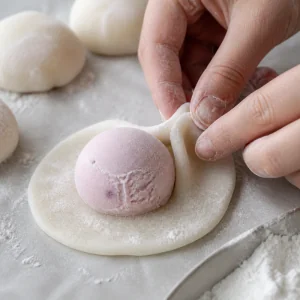 Frozen ice cream ball sealed inside a round mochi dough wrapper.