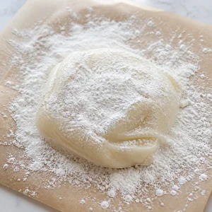 Hot mochi dough turned onto heavily cornstarch-dusted parchment.