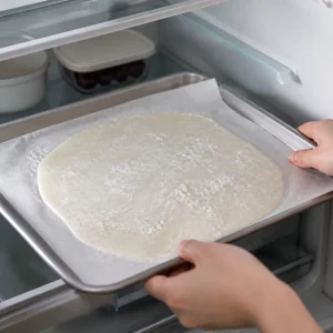 Rolled mochi dough on parchment chilled on a tray in the refrigerator.