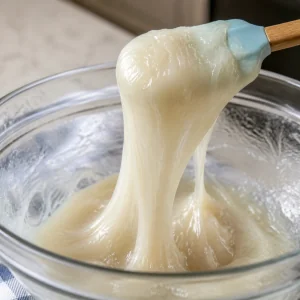 Translucent sticky mochi dough stretching from a silicone spatula after microwaving.