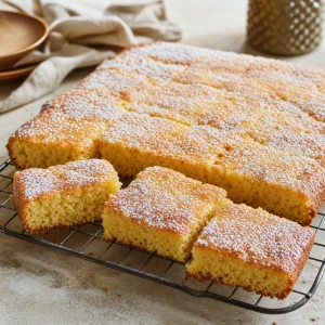 Fertiger Griesskuchen kuehlt mit Puderzucker ab
