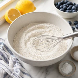 Melange de farine fouette dans un bol avec citrons