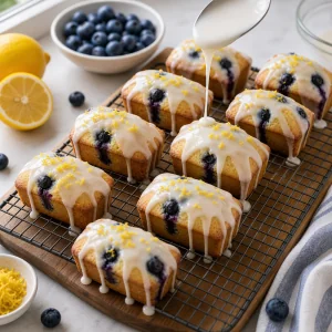 Glacage vanille verse sur mini cakes citron myrtille