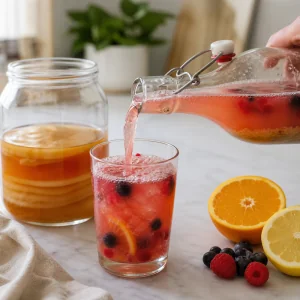 Schlodzona kombucha cytrusowo-jagodowa delikatnie nalewana obok zachowanego startera SCOBY