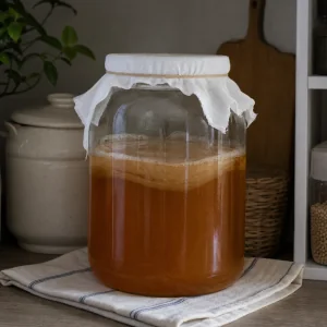 Przykryty szklany sloj kombuchy fermentujacy z dala od slonca