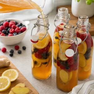 Kombucha butelkowana z plasterkami cytryny, jagodami i imbirem