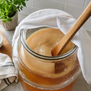 SCOBY unoszace sie na ostudzonej slodkiej herbacie do domowej kombuchy