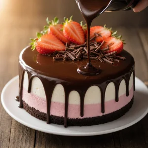Ganache polewany na mrozony tort lodowy truskawkowo-waniliowy