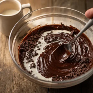 Blyszczacy ganache czekoladowy mieszany w szklanej misce