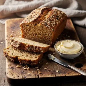 A sliced loaf of oat porridge bread on a wooden board with butter