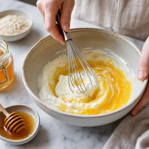 Egg, Greek yogurt, and honey whisked together until smooth