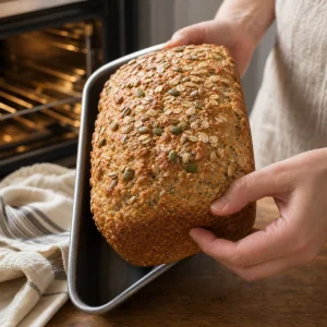 Golden baked oat porridge bread checked for a hollow sound