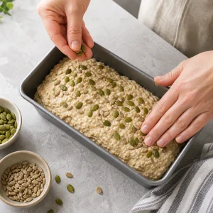 Pumpkin and sunflower seeds sprinkled over unbaked oat bread batter