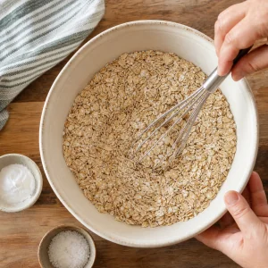 Rolled oats whisked with baking soda and sea salt in a mixing bowl