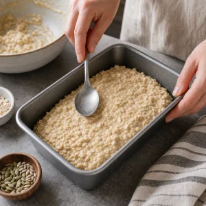 Thick oat bread batter smoothed into a prepared loaf pan