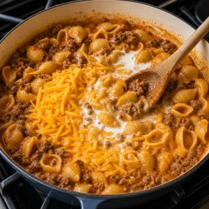 Crema y cheddar rallado derritiéndose con carne y conchas