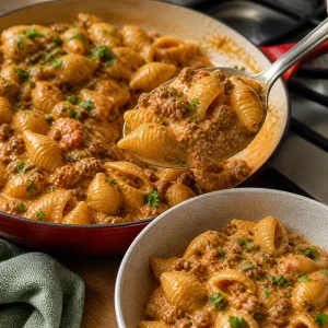 Conchas con carne molida y queso servidas calientes con perejil