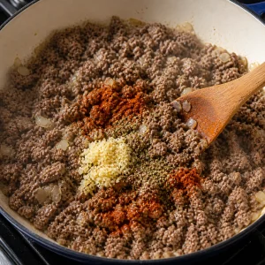Ajo, condimento italiano y pimentón ahumado añadidos a la carne dorada