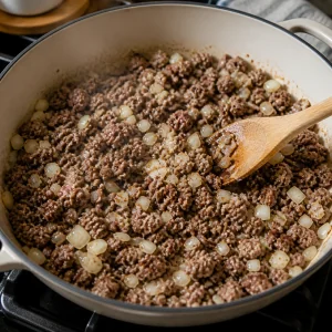 Carne molida y cebolla picada dorándose en una sartén