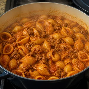 Conchas con carne molida cociéndose hasta que la salsa de tomate espese