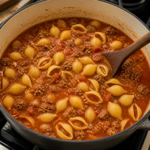 Salsa de tomate, caldo y conchas secas mezcladas con la carne molida