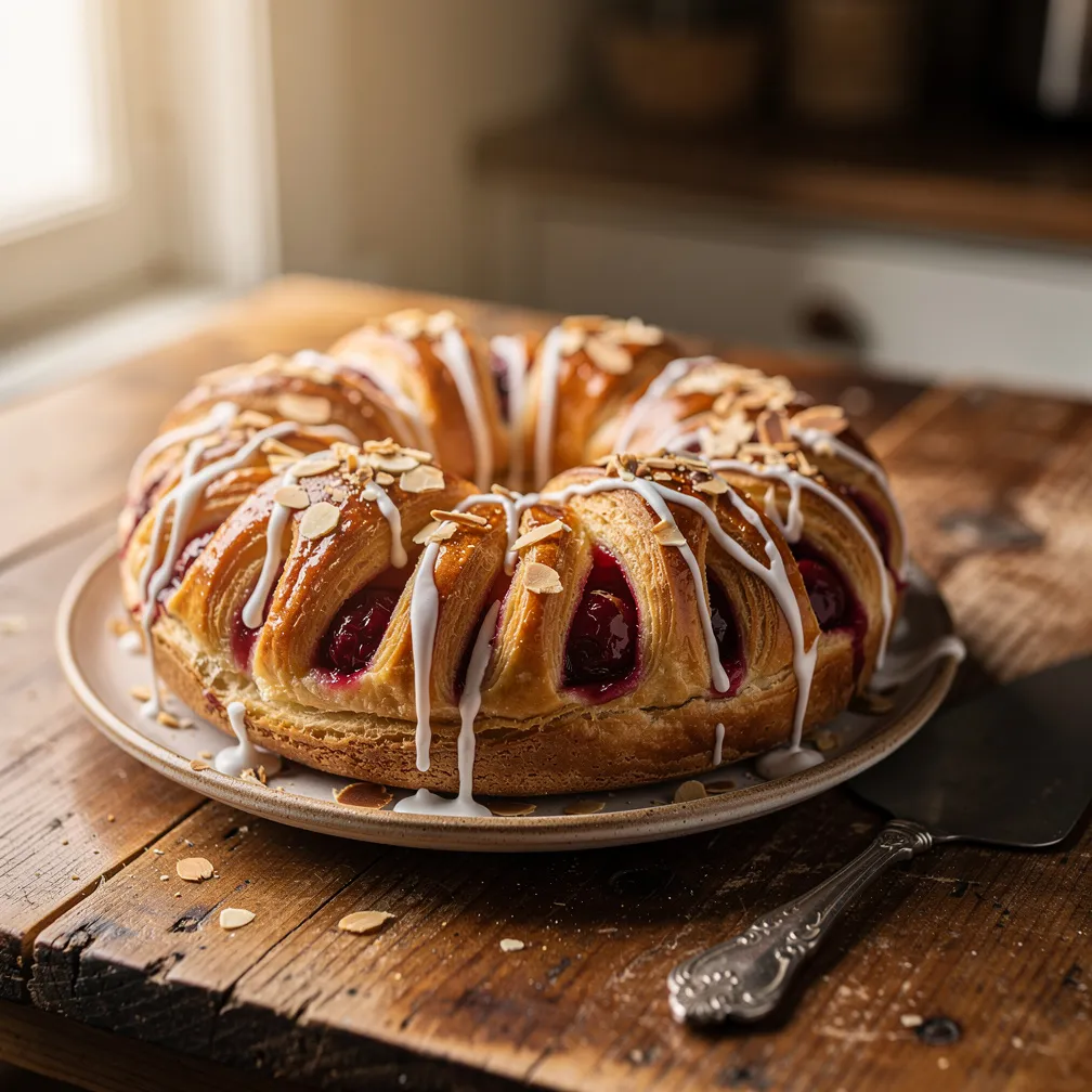 A golden, flaky puff pastry cake filled with vibrant red cherries and topped with a shiny almond glaze