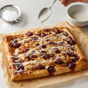 Almond glaze drizzled over warm puff pastry cherry cake