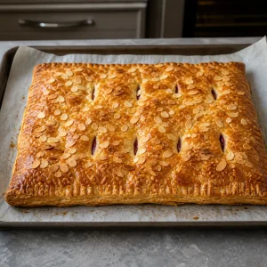Baked puff pastry cherry cake puffed and deep golden with toasted almonds