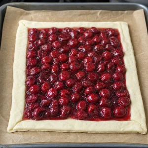 Cherry filling spread over puff pastry inside a clean border