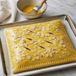 Egg-washed puff pastry cherry cake sprinkled with sliced almonds