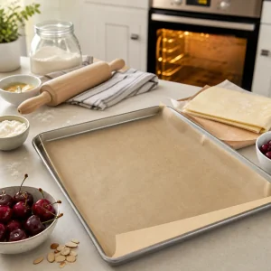 Parchment-lined baking sheet prepared for puff pastry cherry cake