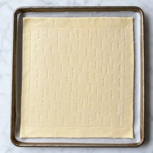 Puff pastry sheet pricked in the center on a parchment-lined baking sheet