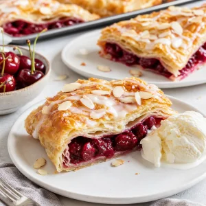 Sliced puff pastry cherry cake served with vanilla ice cream