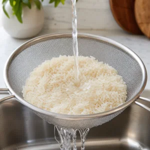 고운 체에 담아 찬물로 헹구는 재스민 쌀