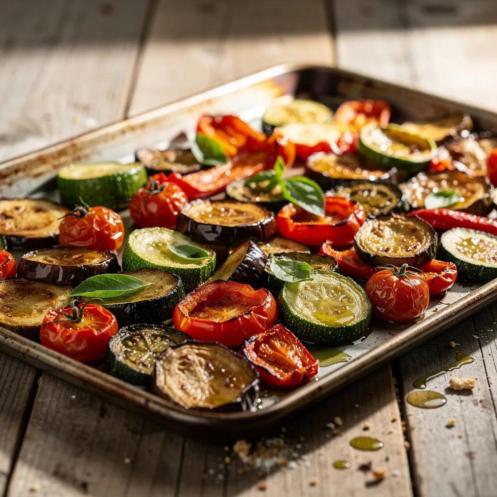 A colorful sheet pan of roasted eggplant, zucchini, peppers, and tomatoes garnished with fresh basil