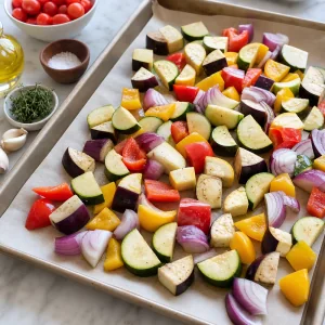 Aubergine, courgettes, poivrons et oignon rouge coupés et étalés sur une plaque.