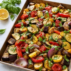 Ratatouille sur plaque terminée avec jus de citron et basilic frais.
