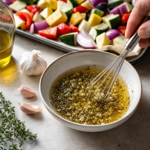 Huile d'olive, ail, herbes, sel et poivre fouettés dans un petit bol.