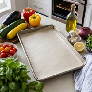 Plaque recouverte de papier cuisson préparée avec des légumes frais de ratatouille à côté.