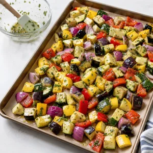 Légumes de ratatouille enrobés d'huile aux herbes et étalés en une seule couche.