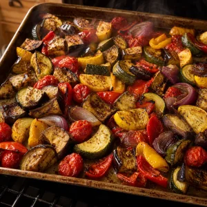 Légumes de ratatouille rôtis et tendres avec tomates cloquées et bords grillés.